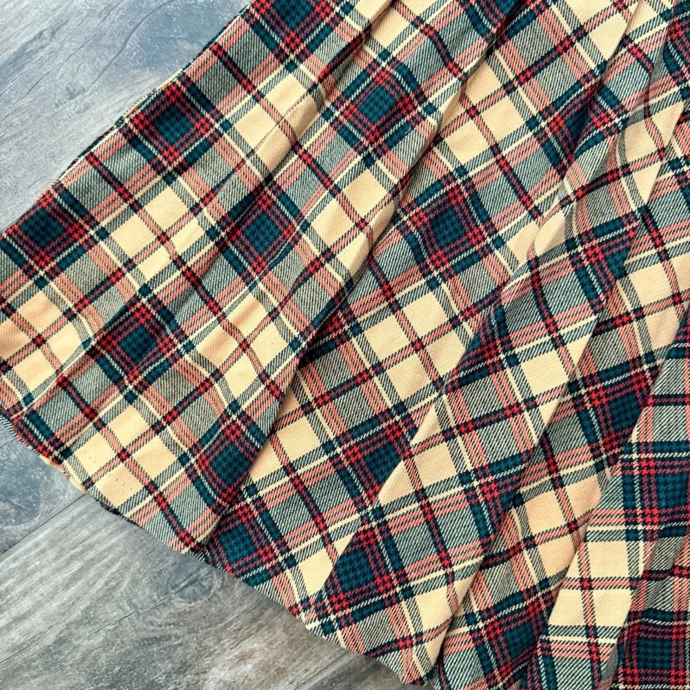 Martinique Vintage Tartan Plaid Pleated Wool Blend Midi Skirt,Green Red Tan,14